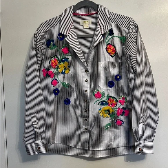 Anthropologie Maeve Embroidered Striped Boxy Buttondown Shirt Top XS 2 - Picture 2 of 15